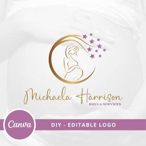 Doula Editable Canva Logo Template, Midwifery Premade Logo Design, DIY Pregnancy Logo, Pregnant Healthy Logo Design, Pregnant Woman Logo. image 1