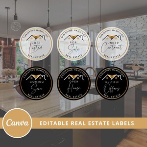 May include: Six round real estate labels with black and gold designs. The labels feature different real estate phrases such as "Just Listed", "For Sale", "Under Contract", "Coming Soon", "Open House", and "Multiple Offers".