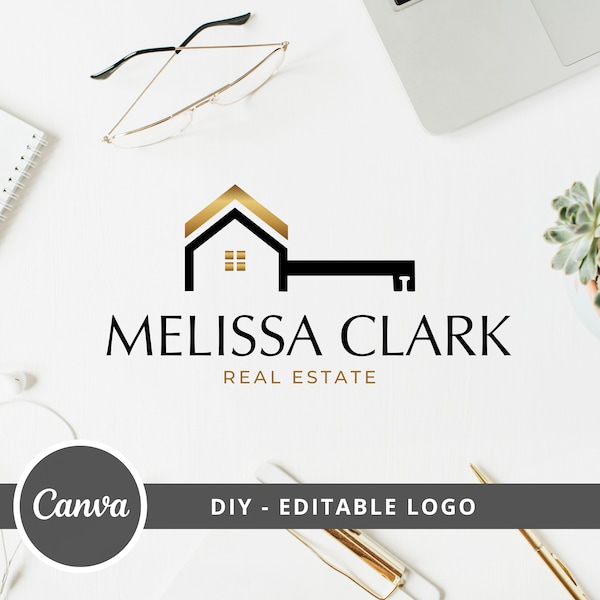 Real Objekt Key Logo Design, Haus bearbeitbare Canva Logo Vorlage, DIY Realtor Key Logo, vorgefertigtes Branding für Makler, sofortiger Zugriff