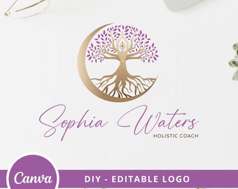 Logo dell'albero della vita, logo della donna dell'albero, modello Canva del logo del benessere dei chakra, logo modificabile della luna dell'albero, yoga, life coach, psicologia, logo della spa