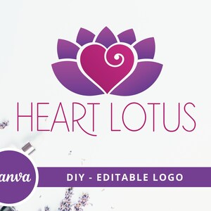 Heart Lotus DIY Logo Design, Lotus Flower Canva Logo Template, Life Coaching, Yoga, Spa & Cosmetics Logo, Wellness, Healing Therapy Logo. image 1