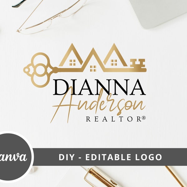 Real Objekt Key Logo Design, Haus bearbeitbare Canva Logo Vorlage, DIY Realtor Key Logo, vorgefertigtes Branding für Makler, sofortiger Zugriff