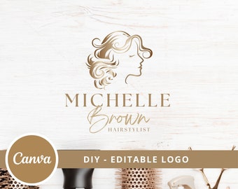 DIY Beauty Logo, Hair Stylist Editable Logo,  Beauty Studio Logo, Edit in Canva Logo Template, Hair Extensions Logo, Woman Logo, Hair Logo.