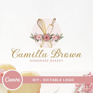 Bakery Logo Canva Template Design, Watercolor Floral Bakery Editable Logo, DIY Bakery Tools Logo, Dessert Maker Logo, Handmade Bakery Logo.