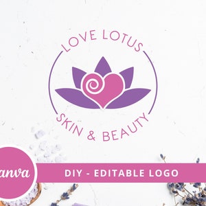 Création de logo de beauté bricolage coeur lotus, modèle de logo sur toile Love Lotus Flower, logo de studio de beauté, massage, logo de spa et de cosmétiques, logo de bien-être. image 1