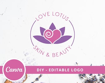 Heart Lotus DIY Beauty Logo Design, Love Lotus Flower Canva Logo Template, Beauty Studio Logo, Massage, Spa & Cosmetics Logo, Wellness Logo.