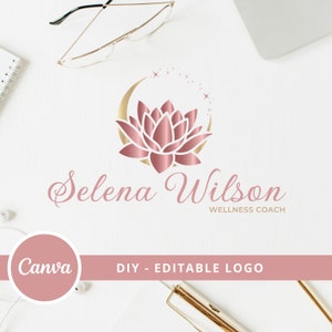 DIY Lotus Flower Logo Design, Premade Wellness Canva Logo Template, Life Coaching, Yoga, Natural Therapy, Spa Massage & Cosmetics, Moon Logo