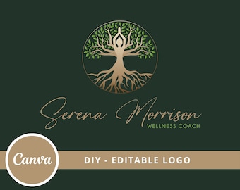 Tree of Life Editable Logo, Wellness Canva Logo Template, Life Coach, Yoga, Psychology, Healing Logo, Meditating Human Logo, Tree Woman Logo