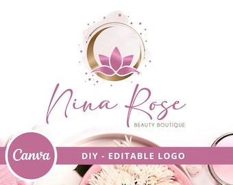 Logo di bellezza fai-da-te Moon Lotus, modello logo Canva fiore di loto, logo studio di trucco, logo massaggi, spa e cosmetici, logo modificabile benessere.