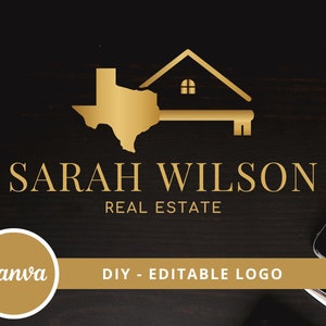 May include: A gold logo design featuring a key with a house on top and the state of Texas as the key's handle. The text "SARAH WILSON REAL ESTATE" is below the logo.