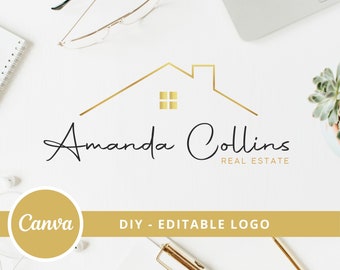 Diseño de logotipo de bricolaje para bienes raíces, plantilla de logotipo de Canva editable, diseño de logotipo de agente inmobiliario, logotipo de casa de huéspedes, logotipo de agente de bienes raíces, logotipo de techo de casa.