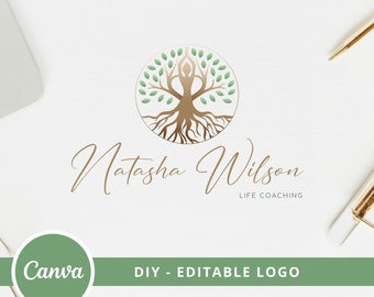 Bearbeitbares Frauenbaum-Logo, DIY-Wellness-Canva-Logo-Vorlage, Life-Coach, Yoga, Psychologie, Heilungslogo, menschliches Baum-Logo, Baum-des-Leben-Logo.