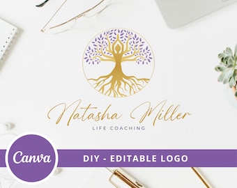 Woman Tree Editable Logo, DIY Wellness Canva Logo Template, Life Coach, Yoga, Psychology, Healing Logo,  Human Tree Logo, Tree of Life Logo.