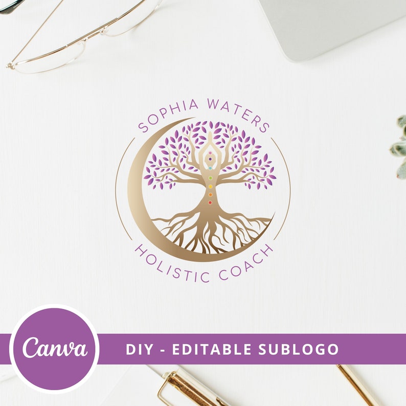 Tree of Life Logo, Tree Woman Logo, Chakras Wellness Logo Canva Template, Tree Moon Editable Logo, Yoga, Life Coach, Psychology, Spa Logo 画像 5