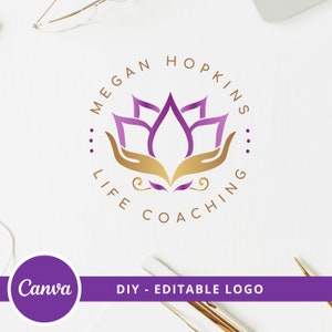 Hand Lotus DIY Logo Design, Lotus Flower Logo Canva Template, Life Coaching, Yoga, Healing Therapy, Massage & Spa Logo, Hands Care Logo.