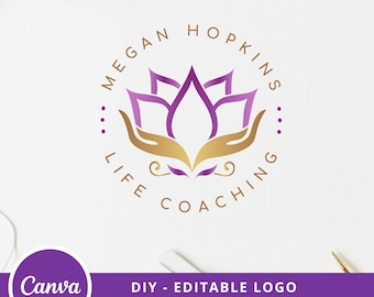 Hand Lotus DIY Logo Design, Lotus Flower Logo Canva Template, Life Coaching, Yoga, Healing Therapy, Massage & Spa Logo, Hands Care Logo.