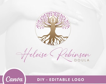 Doula Editable Canva Logo Template, Midwifery Premade Logo Design, DIY Tree of Life Logo, Pregnant Healthy Logo, Pregnant Tree Woman Logo.