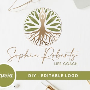 Tree Woman Mandala Editable Logo, Wellness Canva Logo Template, Life Coach, Yoga, Psychology, Healing Logo, Human Tree Logo, Tree Roots Logo