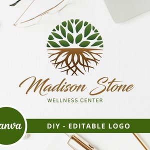 Tree Roots Mandala Wellness Logo, Tree of Life Canva Logo, DIY Life Coaching Logo, Yoga Logo, Psychology Logo, Healing Logo, Therapy Logo. image 1