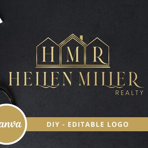 Peut inclure: Logo or design en or pour une agence immobilière appelée "Heilien Miller Realty". Le logo représente trois formes de maisons stylisées avec les lettres "HMR" à l'intérieur.