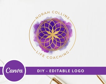 Flower Of Life Editable Logo, Instant Access, DIY Canva Template Logo, Spiritual Logo, Life Coach Logo, Sacred Geometry Logo, Wellness Logo.