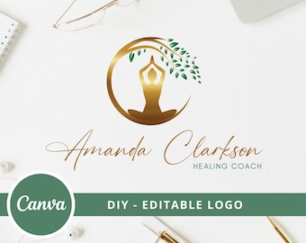 Tree of Life Editable Canva Logo, DIY Wellness Logo, DIY Life Coaching Logo, Yoga Logo, Healing Logo, Meditating Human Logo, Tree Woman logo