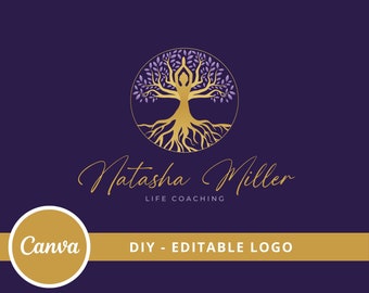 Logo modifiable arbre femme, modèle de logo bricolage bien-être sur toile, coach de vie, yoga, psychologie, logo guérison, logo arbre humain, logo arbre de vie.