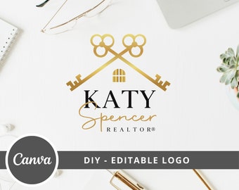 Real Estate Logo Design, Crossed Key Canva Logo Template, DIY Realtor Editable Roof House Logo, Real Estate Agent Branding, Instant Access