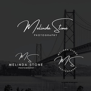 May include: A black and white logo design for Melinda Stone Photography. The logo features a handwritten signature style font with the name "Melinda Stone" and the words "Photography" below. The logo is displayed against a background of a bridge over water.