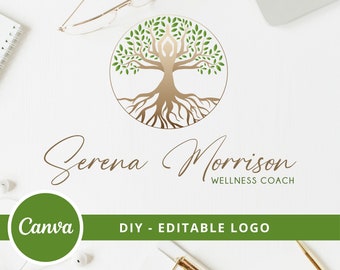 Tree of Life Editable Logo, Wellness Canva Logo Template, Life Coach, Yoga, Psychology, Healing Logo, Meditating Human Logo, Tree Woman Logo