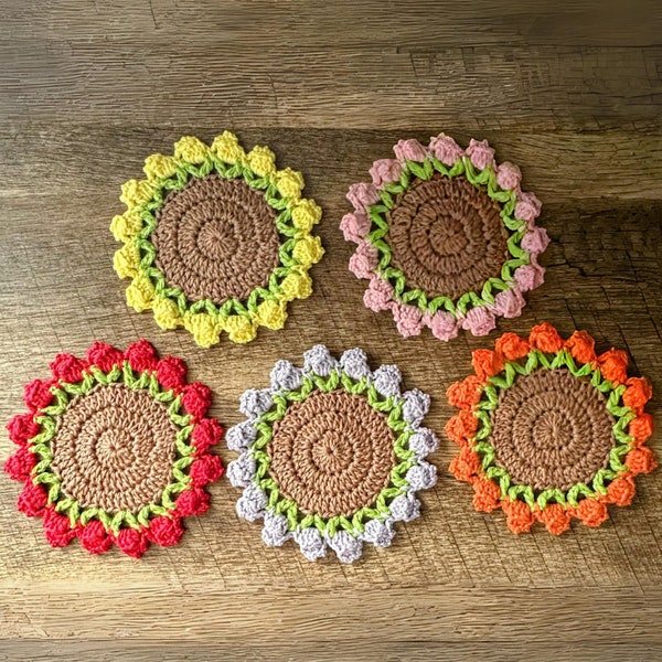 Crochet Flower Coasters with Pot - Set of 2 or 4