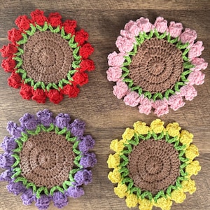 Crochet Flower Coasters with Pot - Set of 2 or 4