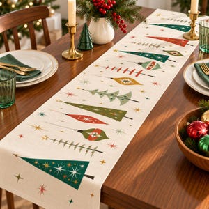 Mid-Century Modern Christmas Table Runner | Retro Holiday Trees, Ornaments (16" x 72" or 90")