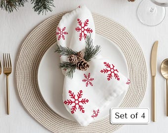 Red and White Snowflake Napkins (Set of 4). Scandinavian and Holiday Table Decor