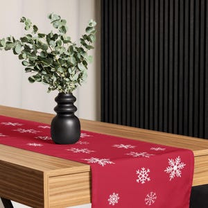 16 x 90 Red Table Runner Overlaid With White Scandinavian Style Snowflakes
