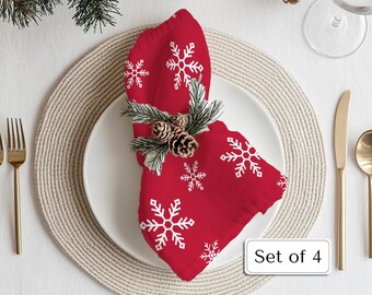 Red Snowflake Cloth Napkins (Set of 4), Scandinavian Holiday Table Decor