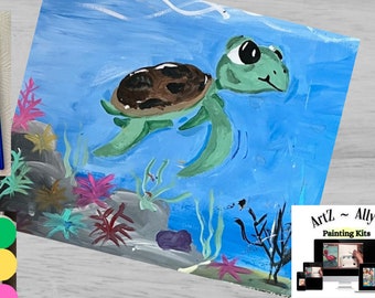 Paint Kit and Video All-included Acrylic Sea Turtle Activity and Step by Step Tutorial Link, Kids Wall Art