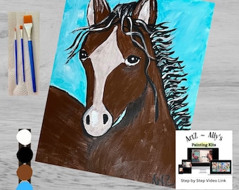 Paint Kit and Video All-included Acrylic Brown Horse Activity and Step by Step Tutorial Link, Kids Wall Art