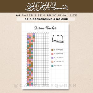 Rastreador del Corán: registro de lectura imprimible, gráfico de progreso de suras, página del diario islámico para la oración