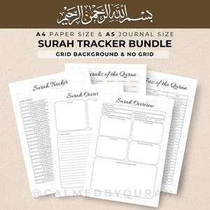 Surah Tracker-bundel - AFDRUKBAAR, Surah Tracker, Surah-overzicht, Juz Tracker, Koransamenvatting