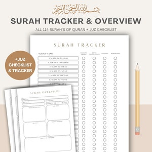 Surah-tracker en -overzicht, islamitische afdrukbare bundel, dagelijkse afdrukbare bijsluiters, bijsluiters korandagboek, korandagboek, A4, brief, pdf
