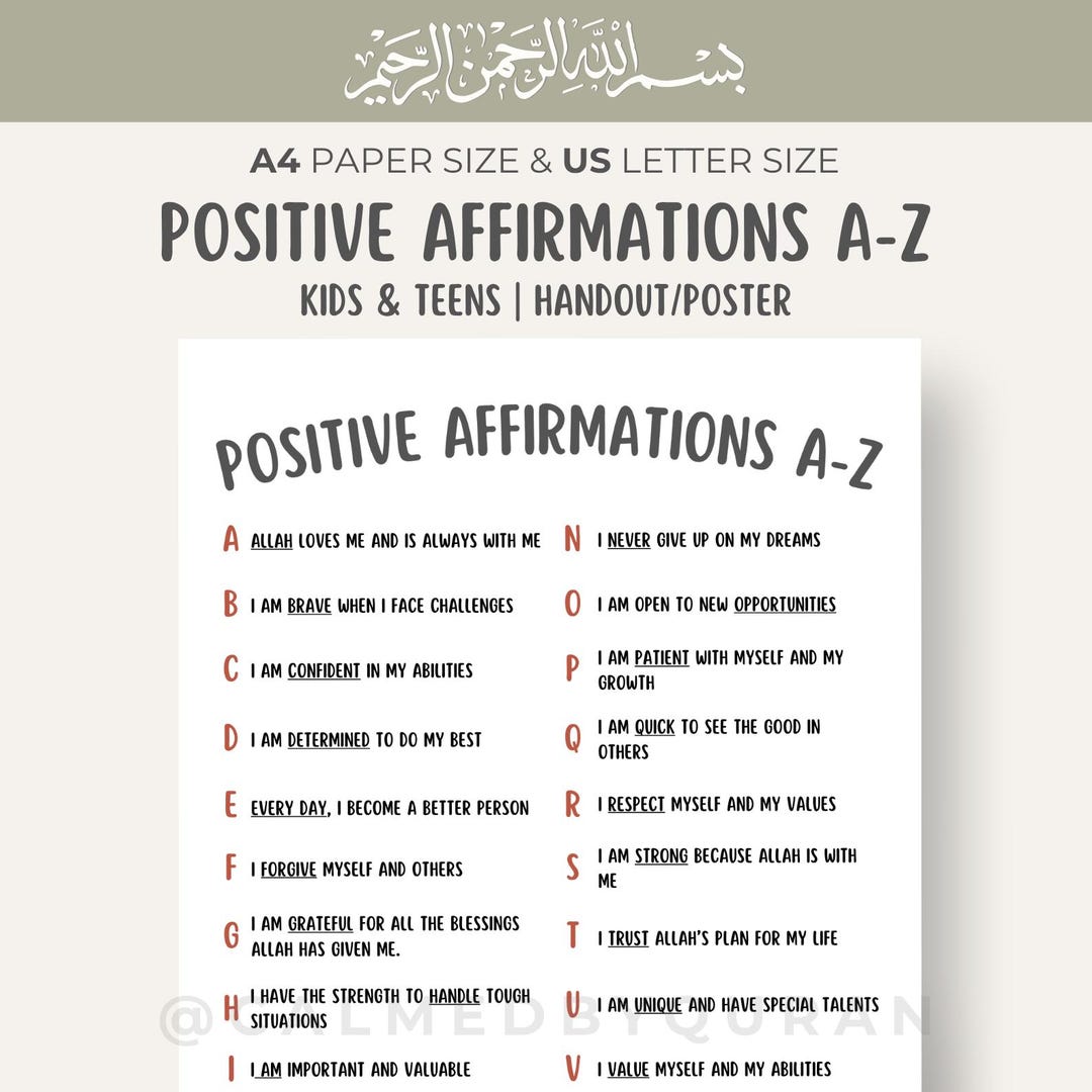 Positive Attributes Hand Out A–Z Positive Affirmations - PRINTABLE Growth Mindset & Self-love ...