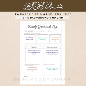 Daily Gratitude Log - PRINTABLE Journal Page, Islamic Self-Care, Reflection, Thankfulness Tracker