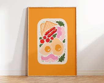 Breakfast Eggs Bacon Tomatoes Toast Sausage Food Art Poster, English Breakfast Wall Art Print, Food Kitchen Wall Art Poster Digital Download