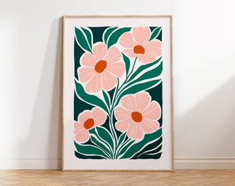 May include: A framed print featuring a stylized floral design with pink flowers and green leaves on a dark green background.