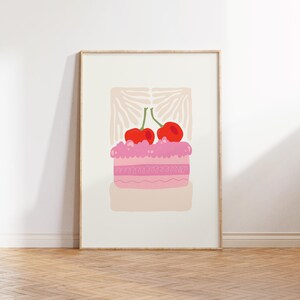 Cake Food Art Poster, Birthday Cake Cherries Wall Art Print, Vanilla Cake Kitchen Wall Art, Cake Frosting Poster Digital Download Home Decor