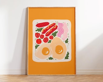 Breakfast Eggs Bacon Tomatoes Toast Sausage Food Art Poster, English Breakfast Wall Art Print, Food Kitchen Wall Art Poster Digital Download