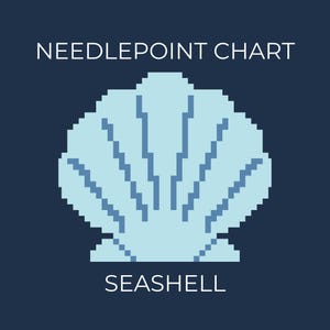 May include: A needlepoint chart with a pixelated light blue seashell design on a dark blue background. The text "NEEDLEPOINT CHART" is above the seashell, and "SEASHELL" is below it.