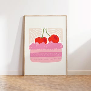 Cake Food Art Poster, Birthday Cake Cherries Wall Art Print, Vanilla Cake Kitchen Wall Art, Cake Frosting Poster Digital Download Home Decor
