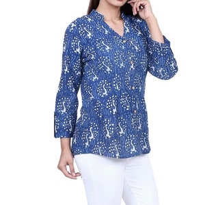 Hand Block Printed Shirt, Blue Cotton Shirt for Women, Womens Shirt, Ladies Summer Shirt, Button-Up Cotton Top, Blue and White Blouse